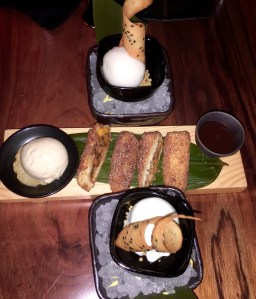 Apple and banana Harumaki,Coconut ice cream, Lychee sorbet