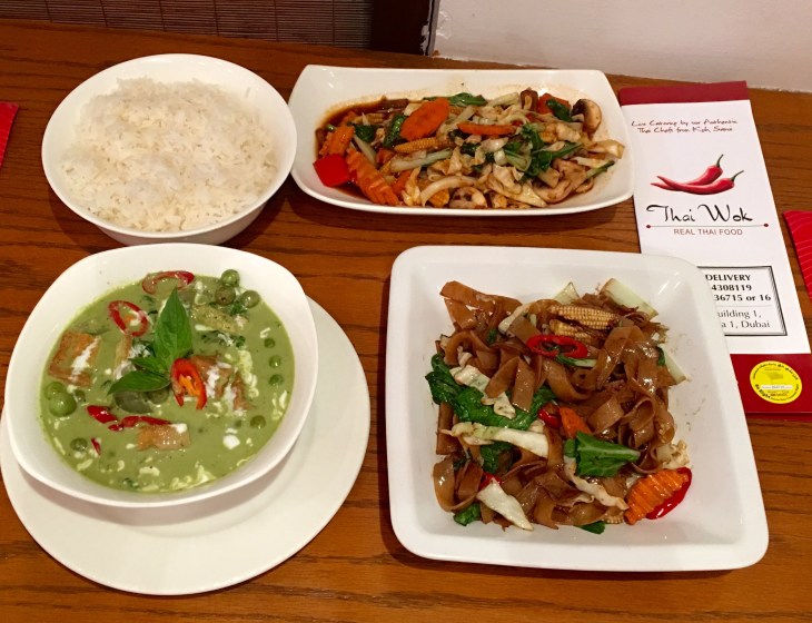 Jasmine Rice,Stir fried veggies,Thai green curry,Rice noodles in chili sauce